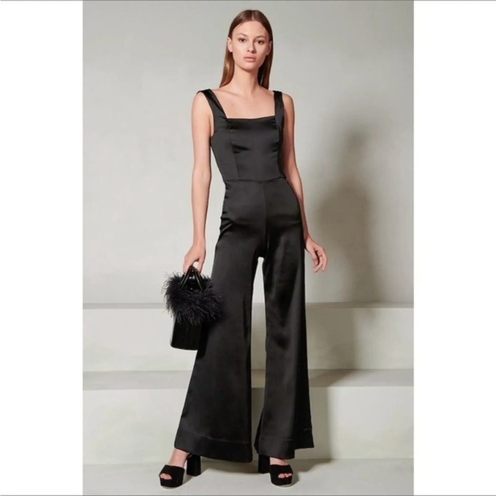 STAUD Donna Wide Leg Flare Square Neck Satin Jumpsuit In Black Women's Size 4